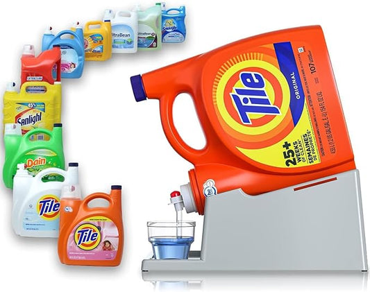 TidyFriend Liquid Laundry Detergent Holder Stand with Drip Tray & Rubber-Grip Feet, Stand for Laundry Room Organization and Storage, Fabric Softener Dispenser with Cup Holder for Easy Pouring (Grey)