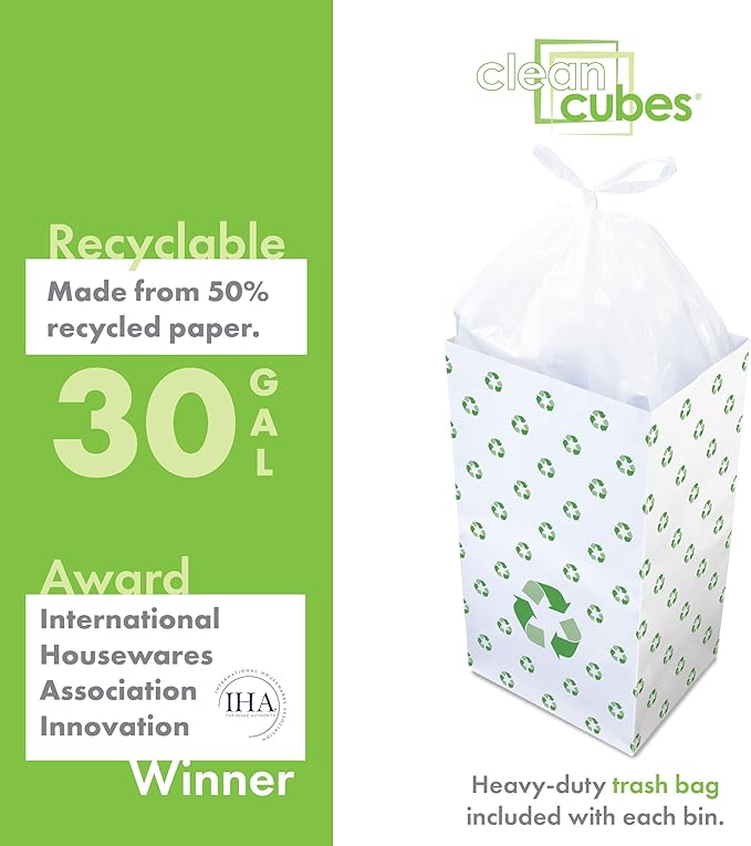 30 Gallon Disposable Pop-Up Trash Cans (3-Pack) with Fitted Bags – Foldable Garbage & Recycling Bins for Parties, Events & Kitchen (Recycle, 30" H x 14" W x 17" D)