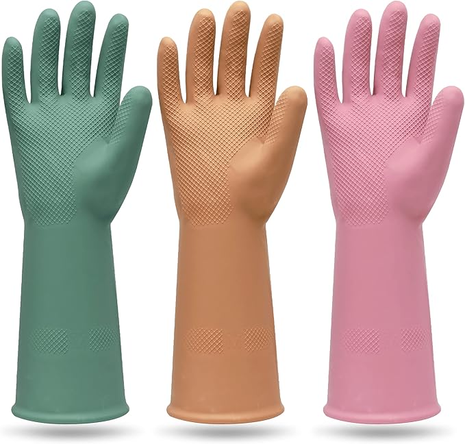 MAMISON 3 Pairs Colorful Reusable Waterproof Household Dishwashing Cleaning Rubber Gloves, Non-Slip Kitchen Glove