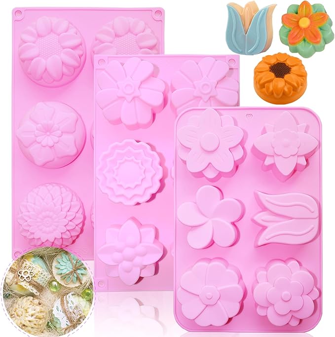 3PCS Flower Soap Molds,Silicone Soap Molds,Silicone Molds for Soap Bath Bombs Shower Steamer Lotion Bars Handmade Cake Chocolate