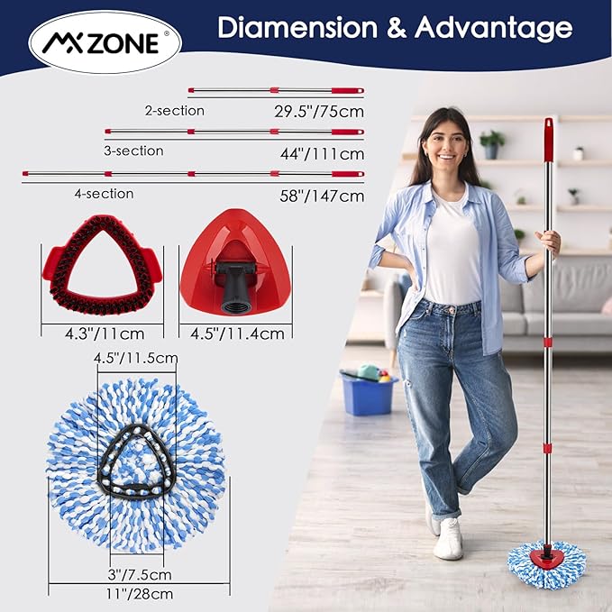 Spin Mop Head Replacement Base Handle Compatible with O Cedar Rinse Clean 2-Tank System, 4 Replace Heads, 1 Mop Handle, 1 Base and 1 Scrub Brush Combo Set