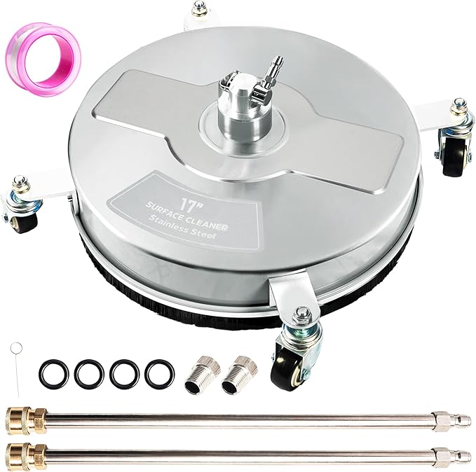 17" Pressure Washer Surface Cleaner with 4 Wheels, Stainless Steel Power Washer Surface Cleaner for Driveways Sidewalks Patios, 1/4" Quick Connector, 2 Extension Wand, 4000 PSI