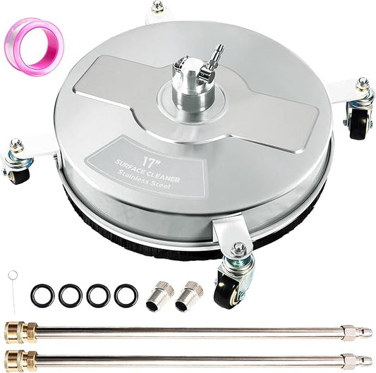 17" Pressure Washer Surface Cleaner with 4 Wheels, Stainless Steel Power Washer Surface Cleaner for Driveways Sidewalks Patios, 1/4" Quick Connector, 2 Extension Wand, 4000 PSI