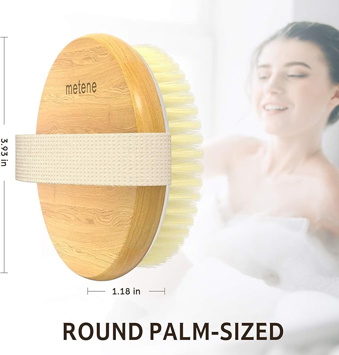 Metene 2 Pack Bamboo Dry Body Brushes, Shower Brush Wet and Dry Brushing, Dry Brush for Cellulite and Lymphatic, Body Scrubber with Soft and Stiff Bristles, Suitable for All Kinds of Skin