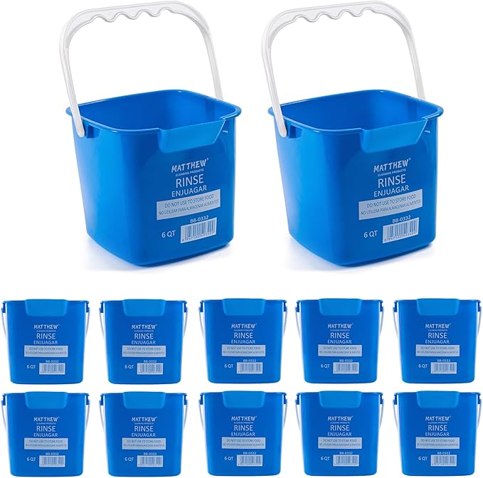Matthew Detergent&Sanitizing Cleaning Bucket 6 Quart Plastic Pail,Set of 12 Square Containers,Built-in Spout w/Handle,Wash Rinse Sanitize Handwash Bucket for Home Office Commercial Restaurant (Blue)