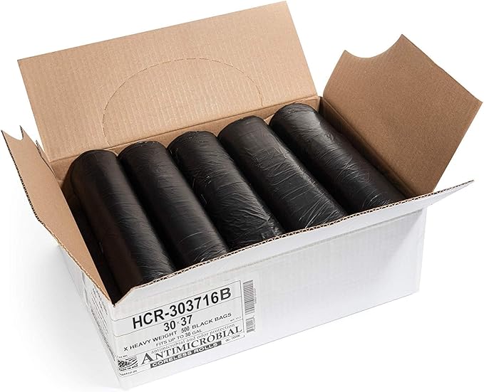 Aluf Plastics High Density Trash Bags, 30 Gallon, 500 Count, 16 Micron (eq), 30" x 37", Black, for Bathroom, Office, Industrial, Commercial, Janitorial, Municipal, Recycling