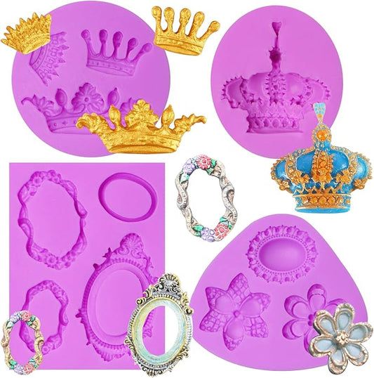 Crown Silicone Molds, Vintage Photo Frame Gem Chocolate Baking Molds, Cake Decoration Fondant Molds for Cupcake Topper Candy Gum Paste DIY Craft Clay Resin Set of 4
