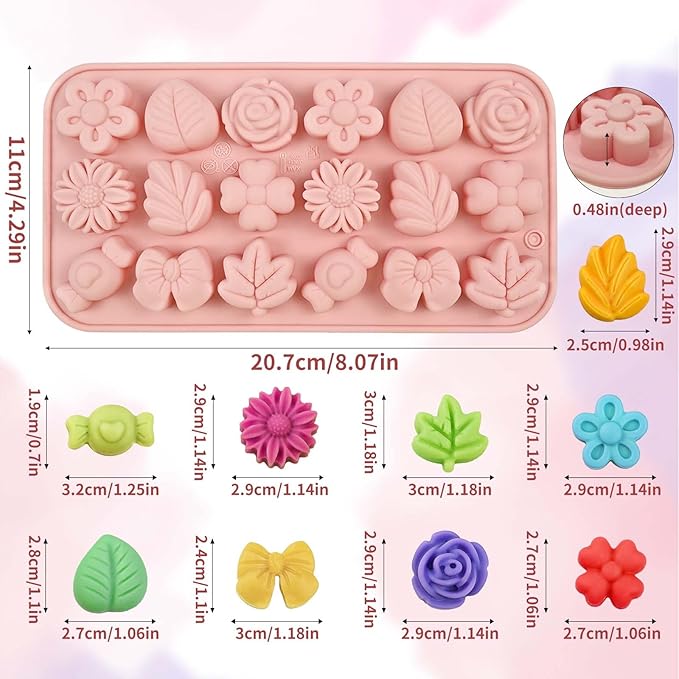 2 Pack Silicone Flower Candy Molds, Daisy Rose Tulip Floral Chocolate Molds with Flower Leaf & Bow Shapes for Baking, Soap, Jello, Ice Cubes, DIY Desserts and Crafts Making