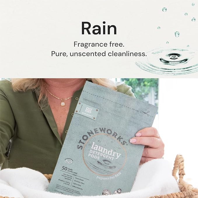 Grab Green Stoneworks Laundry Detergent Pods, 100 Count, Fragrance Free Rain Scent, Plant and Mineral Based, Cleans Deeply, Eliminates Odors, Fights S
