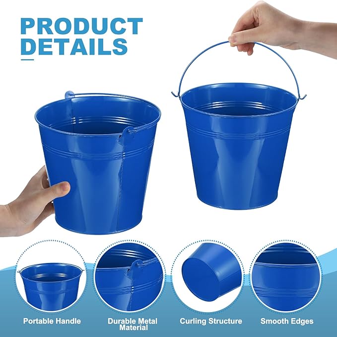 PATIKIL 7"x6.2" Small Metal Buckets with Handle, 6 Pcs Mini Galvanized Bucket Colorful Easter Buckets for Crafts Party Favors Decoration, Dark Blue