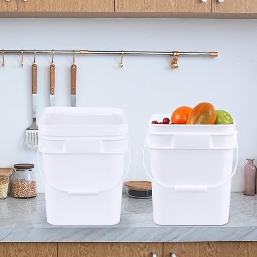 2.9 Gallon Square Buckets with Lids, Food Safe Plastic Bucket, 4 Pack, White