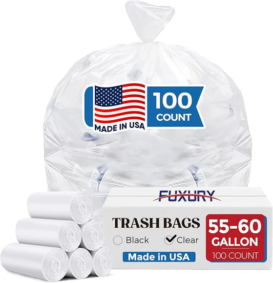 Fuxury 55-60 Gallon Heavy Duty Trash Bags, 100 Count Clear Garbage Bags, 23 Mic Thick, 38x58 in, Star-Seal Bottom, Plastic Bags Ideal for Home, Yard & Commercial Use, Made in USA