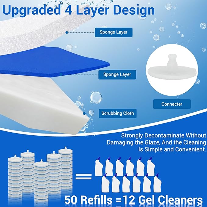 50 Counts Disposable Toilet Bowl Wand Refills, 5X Cleaning Power Toilet Cleaner Refill Pads, Deep Cleaning, No Falling Apart, Fresh Fragrance, Compatible with Most Toilet Brushes