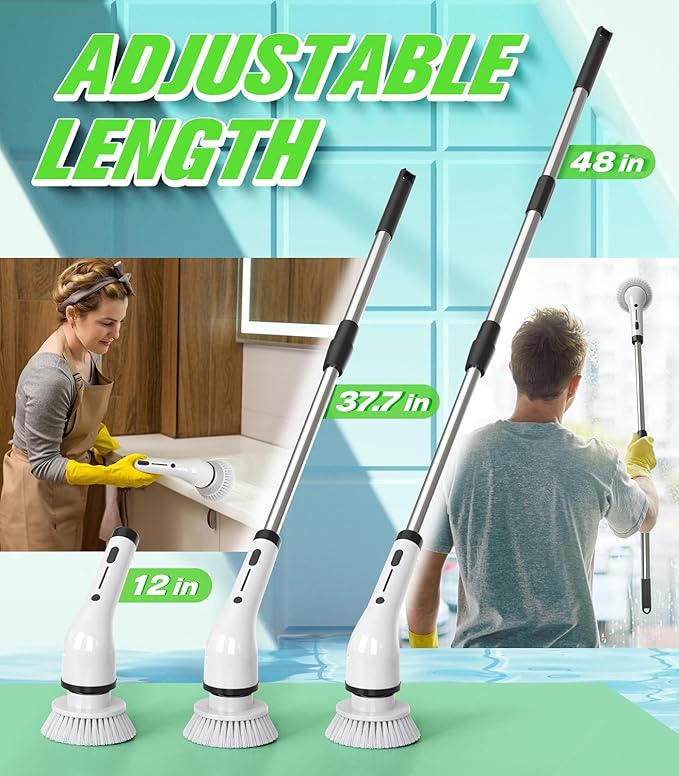 Electric Spin Scrubber for Cleaning, Cordless IPX5 Waterproof Bathroom Shower Scrubber Brushes with 9 Head, 1.5H Power Dual Speed Cleaner with Extendable Handles for Bathtub Floor Kitchen Wall