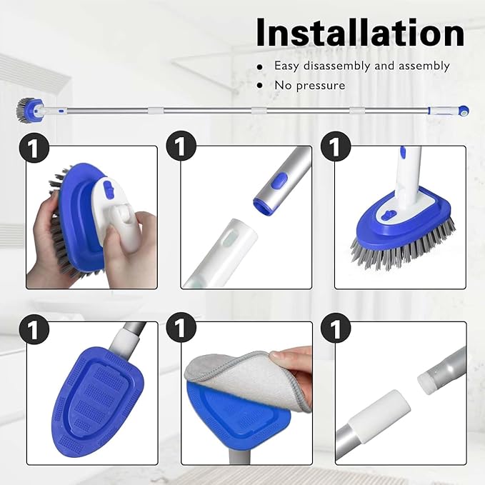 3-in-1 Floor Scrubber and Bathtub Cleaner with 52-Inch Adjustable Long Handle, Shower Brush for Cleaning Bathroom Tile, Kitchen Walls, Tub