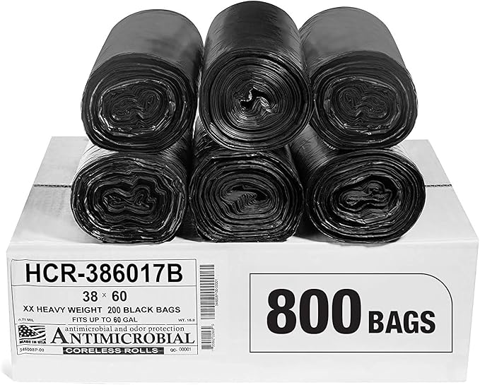 Aluf Plastics High Density Trash Bags, 60 Gallon, 800 Count, 17 Micron (eq), 38" x 60", Black, for Bathroom, Office, Industrial, Commercial, Janitorial, Municipal, Recycling