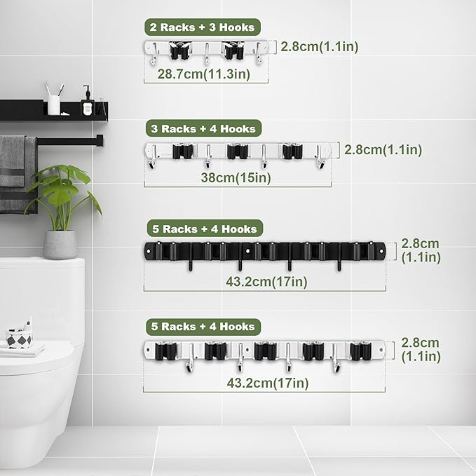 AceMining 5 Racks and 4 Hooks Mop and Broom Holder Wall Mount, Broom Organizer Storage Tool Racks Stainless Steel Heavy Duty Hooks Self Adhesive Solid Non-slip for Home Kitchen Garden Laundry Garage
