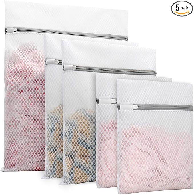 Muchfun 5Pcs Durable Honeycomb Mesh Laundry Bags for Delicates (1 Large, 2 Medium, 2 Small)