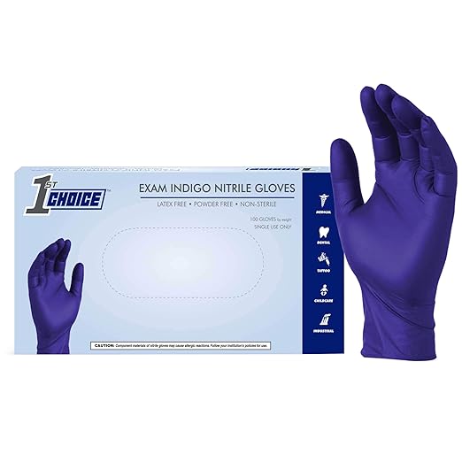 1st Choice Nitrile Gloves Medium, 3 Mil Indigo Nitrile Gloves Disposable Latex Free, Box of 100 Medical Gloves