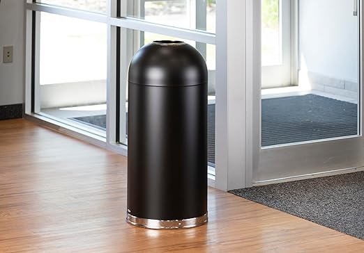 Safco Open Top Dome Trash Can, 15 Gallon Stainless Steel Garbage Can for Indoor Use, Hands Free, Black