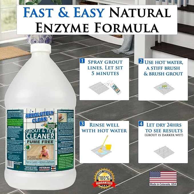 Absolutely Clean FAST GROUT CLEANER! - Professional Strength, Natural Enzyme Formula - Fast Acting, Fume Free - USA Made (128oz Cleans Up To 2,000 sq ft)