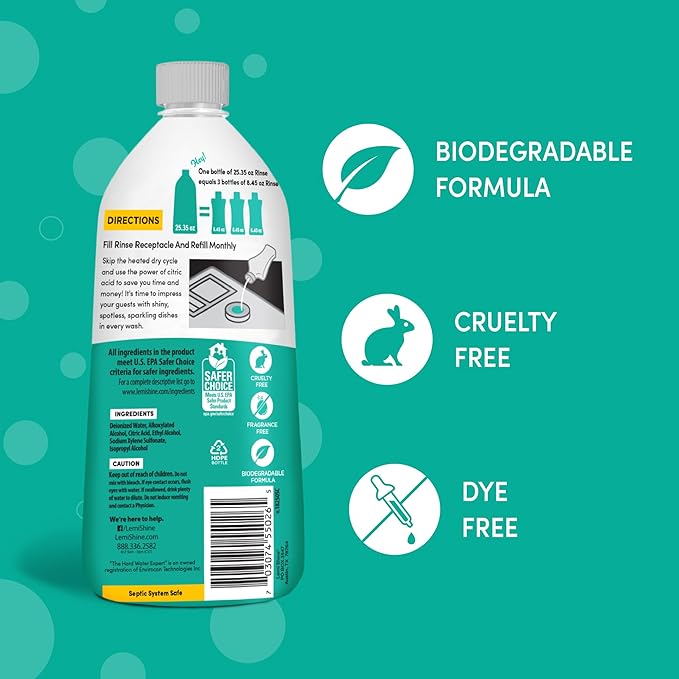 Lemi Shine Shine and Dry Natural Dishwasher Rinse Aid - Hard Water Stain Remover - 25.35 fl oz