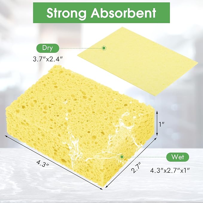 12 PCS Dish Sponges Kitchen, Non Scratch Cleaning Sponge for Non Stick Cookware, Natural Compressed Cellulose Wash Scrub for Household Bathroom, Soft Washing Scrubbers (Yellow)