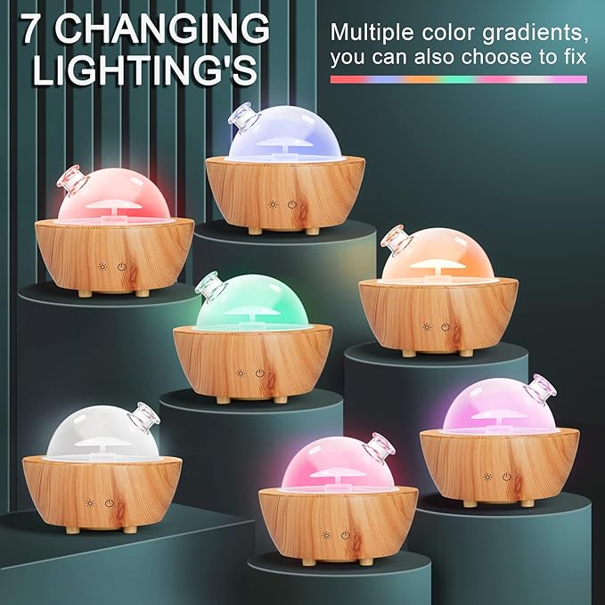 Glass Essential Oil Diffuser Wood Grain Base, 280ml Aromatherapy Diffusers Cool Mist Humidifier, LED Light in 7 Colors with Waterless Auto-Off Protection, for Office, Home, Yoga, Spa