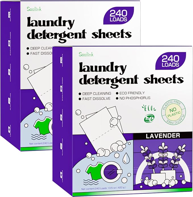 Soulink Laundry Detergent Sheets, 480 Loads (2 Pack), Eco-Friendly, Plant-Based, Hypoallergenic, No Plastic Jug, Lavender Scent
