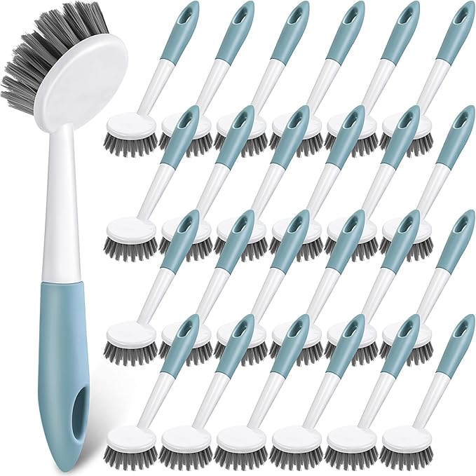 Patelai 24 Pack Kitchen Scrub Dish Brush with Long Handle Dish Scrubber with Stiff Bristles Scrub Brushes for Kitchen Dishes Washing Tools, Pots, Pans and Sink Cleaning (Celadon)
