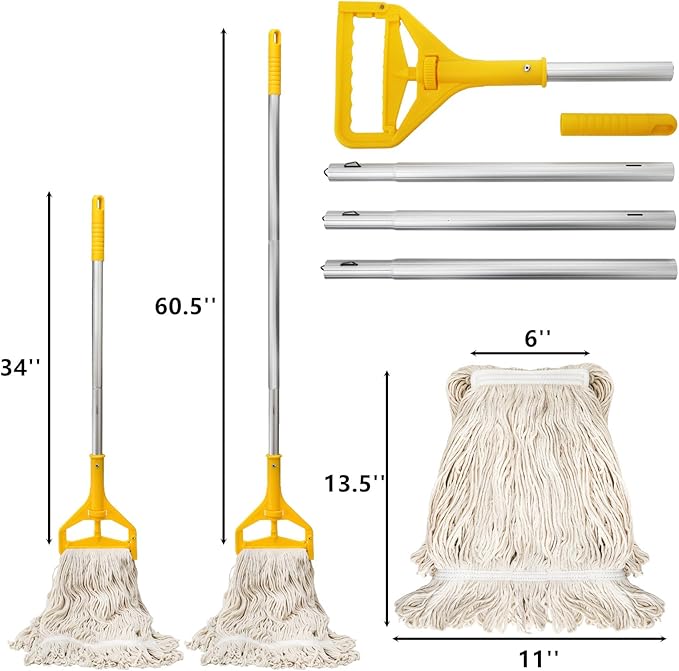 Yesland Mop with 2 Cotton Heads, Heavy Duty 61in Long Handle Looped-End String Wet Mops for Cleaning Office, Garage, Hardwood, Warehouse, Factory, Mall, Deck