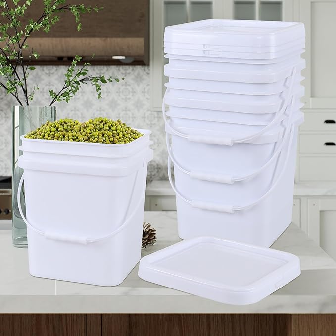 Square White Plastic Bucket with Sealable Lid, 4.8 Gallon Food Grade Storage Bucket, 4 Pack