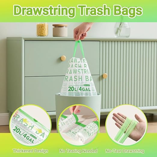 OKKEAI 4 Gallon Green Drawstring Trash Bags, Printed Unscented Heavy Duty Small Garbage Liners for Kitchen & Bathroom – 90 Count Leak-Proof