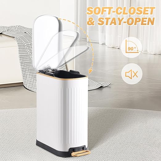 Slim Bathroom Trash Can with Soft Close Lid Stainless Steel Garbage Can Step Trash Bin with Removable Inner Bucket for Bedroom, Office, Kitchen (Matt White, 3.5 Gallons)
