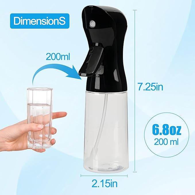Spray Bottle for Hair Continuous Ultra Fine Mist (200ml) 360° Multi Spray Bottle for Plants, Cleaning, Skin Care Leakproof & Durable Black 1 Pack