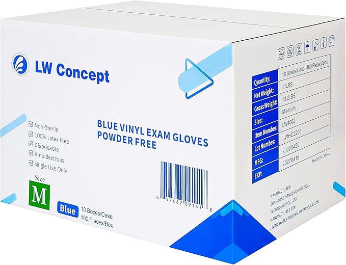LW Concept Blue Vinyl Exam Gloves for Medical/Food Safe/Cleaning/Handling Use Multipurpose Latex & Powder Free, 4.5 mil (LW4002, Medium)