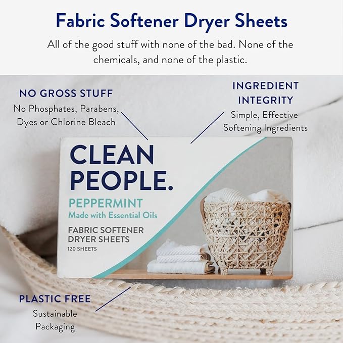 The Clean People Fabric Softener Sheets - Dryer Sheets - Softens & Removes Static Cling - Vegan Laundry Softener, Essential Oils - Peppermint 120 Pack