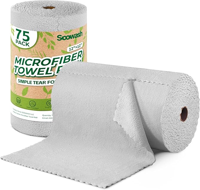 Microfiber Cleaning Cloths Roll, 75 Pack Tear Away Microfiber Towels Roll, 12" x 12" Lint Free Rags, Reusable Cleaning Cloths, Washable, Scratch Free,Ultra Absorbent Dish Rags(Grey)