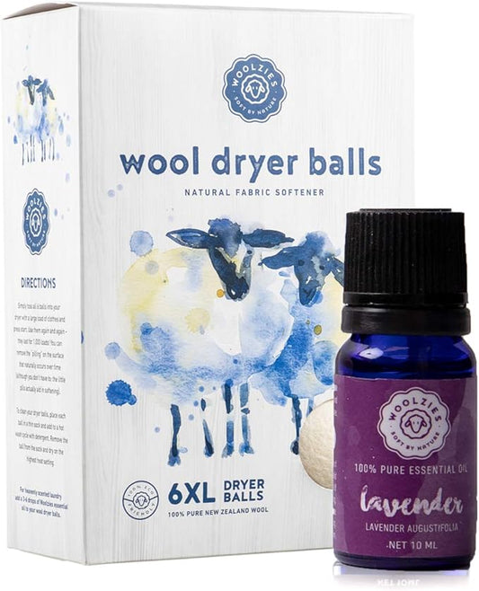 Woolzies Wool Dryer Balls Organic: 6 XL Laundry Balls for Dryer + 10 ml Lavender Essential Oil Combo for use as 100% Pure and Natural Fabric Softener | Best Scented Wool Balls Laundry
