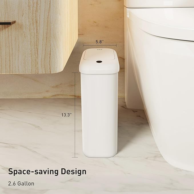EKO Automatic Bathroom Trash Can with Lid, 2.6 Gallon Slim Touchless Garbage Can, Waterproof Motion Sensor Trash Bin for Bathroom, Office, Kitchen, White