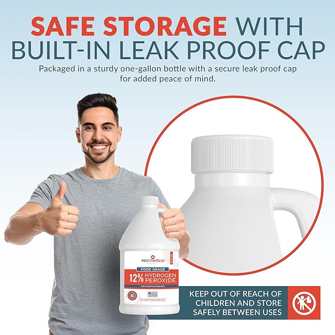 12% Food Grade Hydrogen Peroxide – Ultra-Concentrated H2O2 Peroxide Cleaner – 1 Gallon Bottle – Bleach Alternative for Household Cleaning, Laundry, Glass & More – Made in USA (2)