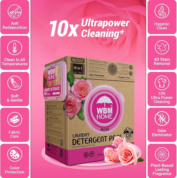 WBM 10-in-1 Laundry Pods, Total 128 Count, High Efficiency, Ultra Concentrate with Powerful Stain Lifter Technology, Fabric Softener With Rose Extracts, Detergent Pods
