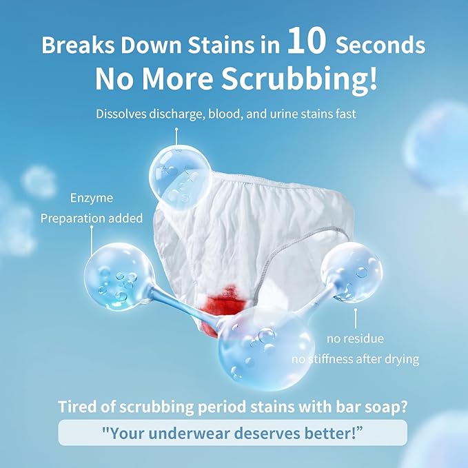 HH Herb & Health Underwear Wash, Enzyme Stain Remover for Panties Period Blood Discharge Sweat, Gentle pH7 Hand Wash Detergent for Sensitive Skin, No Bleach, Babypowder Scent