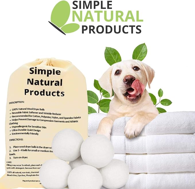 Simple Natural Products Wool Dryer Balls - Fabric Softener and Dryer Sheets for Laundry Supplies – Reusable Wrinkle and Static Guard Wool Balls – Unscented for Sensitive Skin (6 XL Pack)