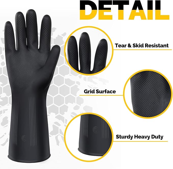 Chumia 8 Pairs Chemical Resistant Latex Gloves Heavy Duty Black Rubber Gloves Cleaning Protective Safety for Car Home Lab(Medium)
