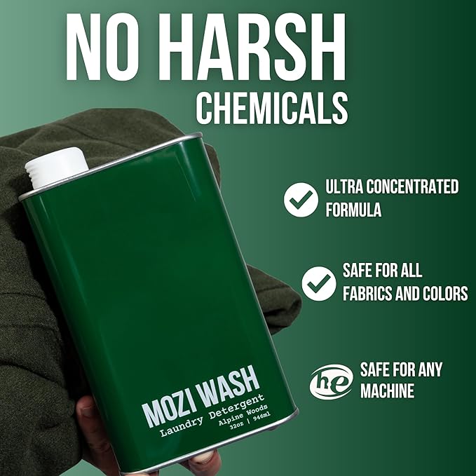 Mozi Wash Laundry Detergent Liquid, Alpine Woods- Sandalwood, Pine & Patchouli, 50+ Loads, Concentrated, Non toxic, Plant Based Enzyme Cleaners, Long Lasting Luxury Clean, Cologne Soap for Men, 32 oz