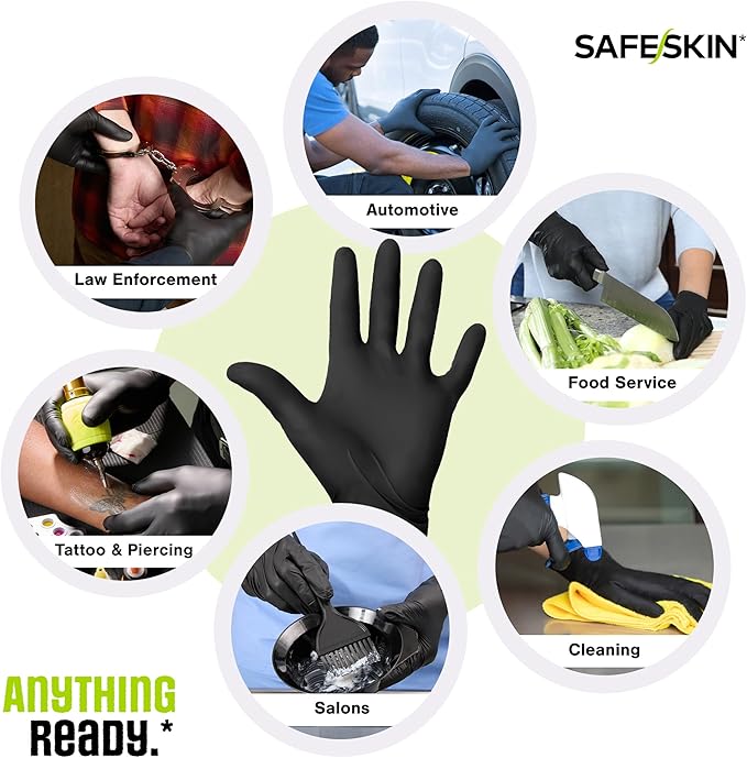 SAFESKIN Black Nitrile Disposable Gloves Powder Free Latex Free Tattoo, Food Prep, 3.5 mil