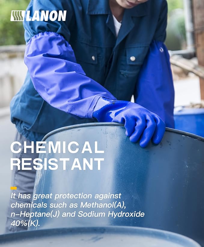 LANON 26" Elbow Length PVC Chemical Resistant Gloves, Heavy-Duty Long Rubber Gloves, Acid, Alkali & Oil Protection, Large