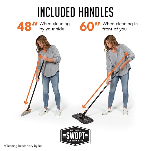 SWOPT Indoor Kit — Includes 18” Dust Mop, Cotton Mop, Angle Broom, 48” and 60” Steel Handles, and Organizer — Cleaning Heads with Long Handle Interchangeable with All SWOPT Cleaning Products