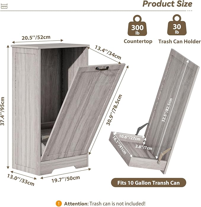 Tilt Out Trash Can Cabinet, Wooden Dog Proof Trash Can Cabinet Laundry Hamper, Hidden Large Recycling Bins for Kitchen, Living Room, Bathroom, Wash Grey